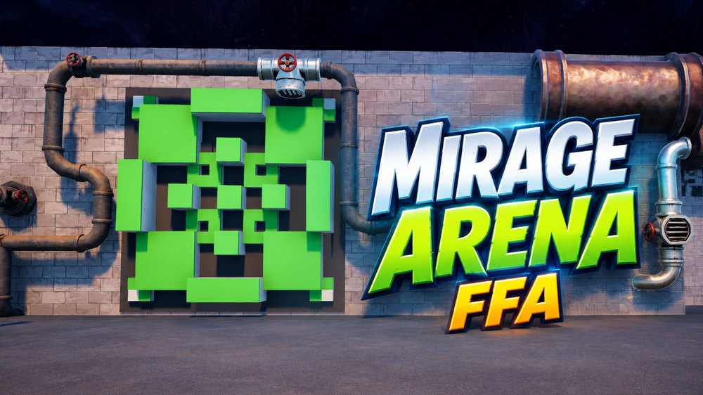 Vignette de la map Fortnite Mirage Arena FFA, un motif cubique vert sur un mur industriel